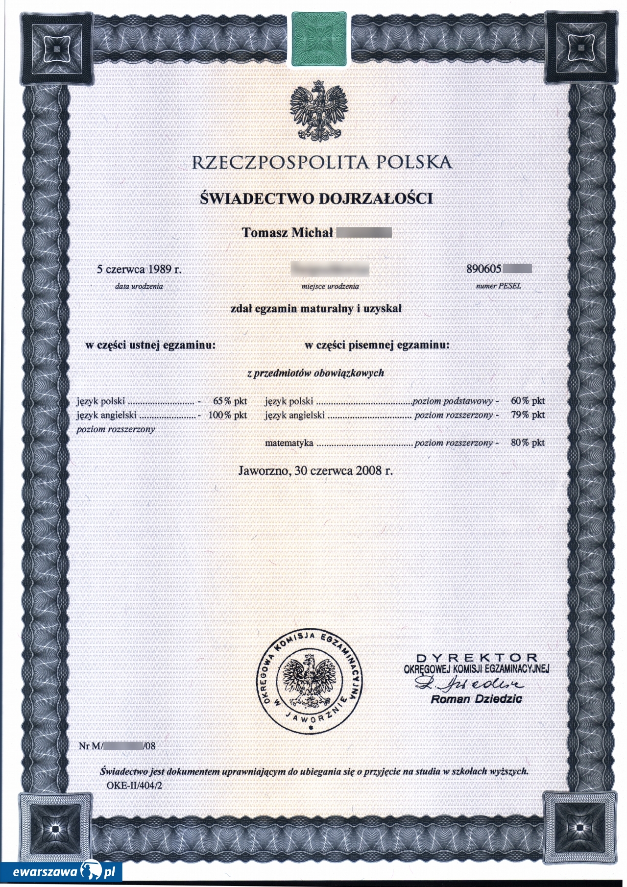 świadectwo maturalne | fot. Okręgowa Komisja Egzaminacyjna w Jaworznie