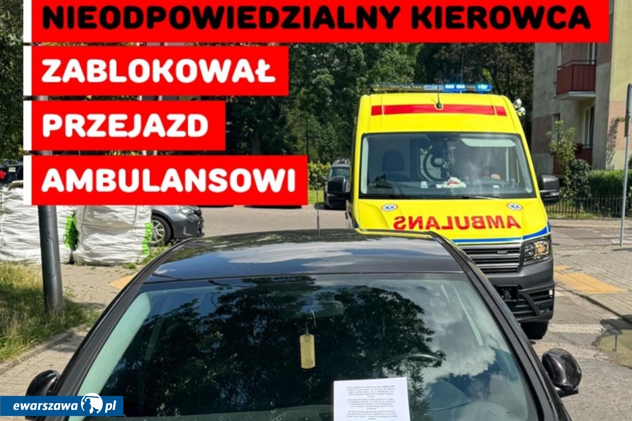 samochód zablokował przejazd ambulansowi | fot. x.com/PogRatunkoweWaw/