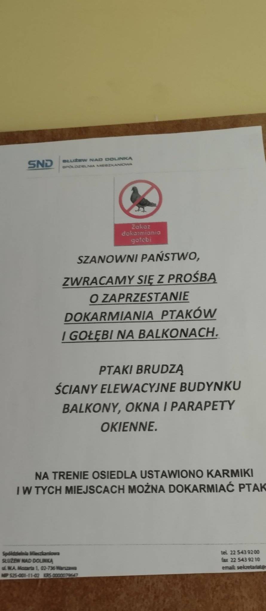 pismo ze spółdzielni o "ptakach i gołębiach" | fot. Katarzyna S./facebook
